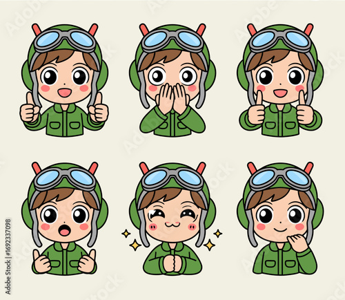 Six expressive illustrations of a cute cartoon pilot
