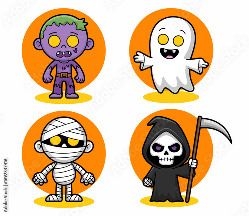 Cartoon Halloween characters zombie ghost mummy grim reaper