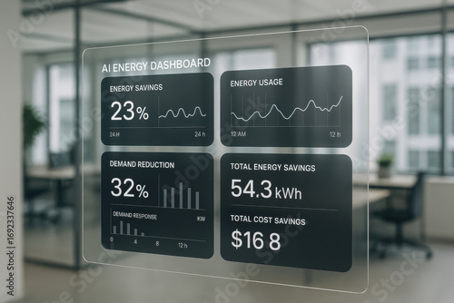AI energy dashboard showing energy savings, usage, demand reduction, and cost savings in office