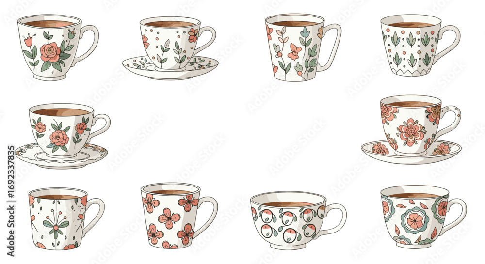 Fototapeta premium Charming floral teacups collection, perfect for cozy moments, cafe branding, or lifestyle designs