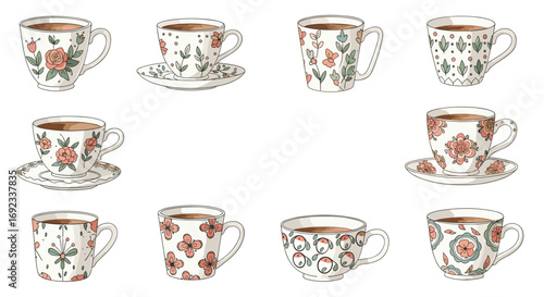 Charming floral teacups collection, perfect for cozy moments, cafe branding, or lifestyle designs