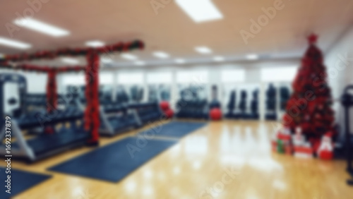 Wallpaper Mural blurry photo of fitness training area, with Christmas decorations there is a Christmas tree in the gym room, blurry wallpaper. Torontodigital.ca