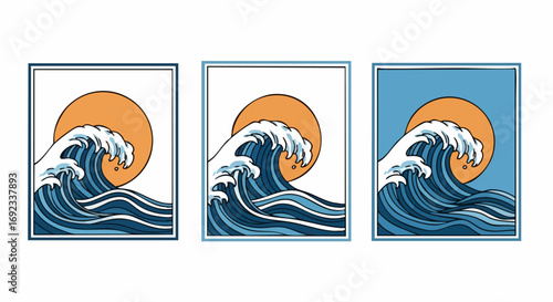 Stunning Japanese wave art with vibrant colors and a rising sun perfect for design projects