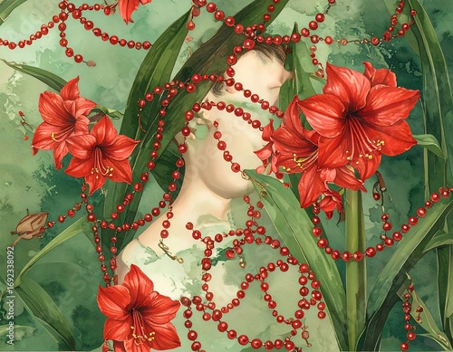 A woman's profile veiled in red beads and vibrant flowers