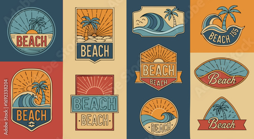 Retro beach badges set perfect for summer travel promotions and vacation themed designs for your business