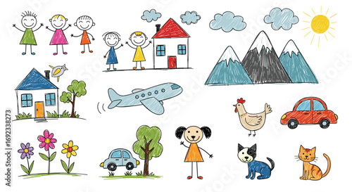 Joyful children, homes, nature, and vehicles create a whimsical, childlike world of imagination.