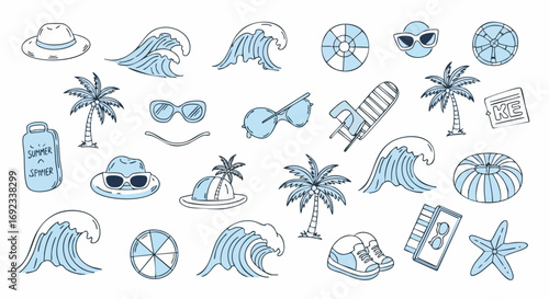 Summer vacation vibes with beach essentials like palm trees, waves, hats, sunglasses and beach chairs