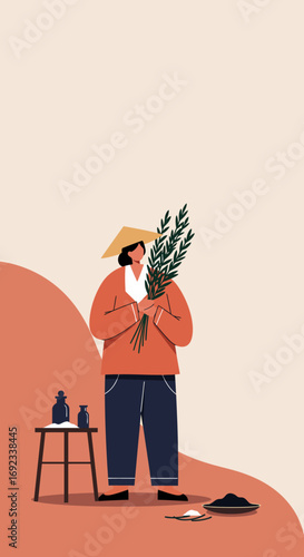 Traditional herbalist in a conical hat holding fresh plants, surrounded by natural ingredients. Represents natural health, wellness, and cultural heritage.
