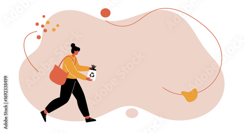 A woman walks purposefully, holding a bag with a recycling symbol, embodying sustainable living and environmental responsibility. Ideal for eco-friendly initiatives and daily lifestyle concepts.