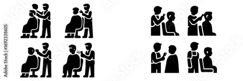 Barber and hairstylist icon set with a client getting a haircut in a salon chair using scissors and clippers