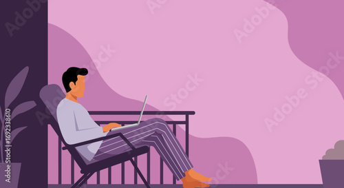 Casual man comfortably uses a laptop on a balcony, ideal for remote work, digital nomad, and modern lifestyle concepts.