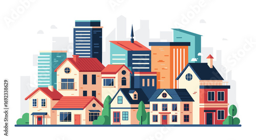 Vibrant cityscape featuring diverse residential homes and modern skyscrapers in a colorful urban scene.