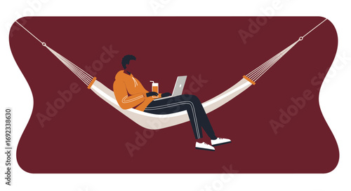 A person comfortably works remotely from a hammock, enjoying a refreshing drink. Represents modern work-life balance and digital nomad lifestyle.