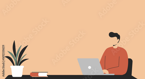 Man working on laptop at a minimalist home office desk with a plant and books. Ideal for remote work, online education, or modern business concepts.