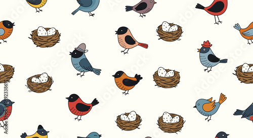 Charming illustrated birds and nests create a whimsical seamless pattern perfect for spring and nature themes