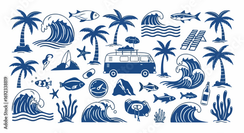 Summer vibes illustration with retro van, palm trees, waves, and sea creatures for tropical designs