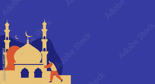 Flat design illustration of a person with a mosque under crescent moons. Represents community, faith, and religious observance for Islamic holidays and cultural events.