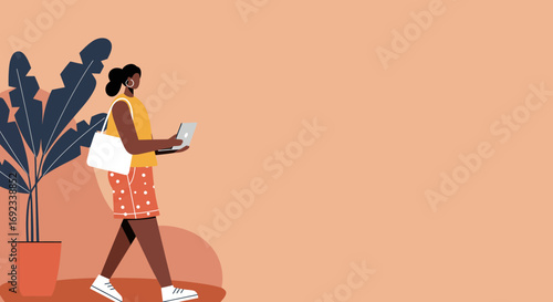 Young Black woman walking casually outdoors, using a laptop for remote work, study, or online connectivity, representing modern lifestyle.