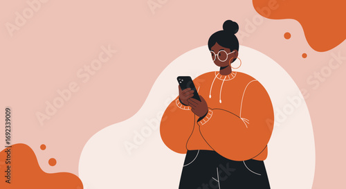A young Black woman is engaged with her smartphone, reflecting modern communication, technology use, and digital connection. Ideal for lifestyle, social media, and business themes.