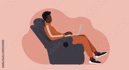 Relaxed person working or studying remotely on a laptop from a comfortable armchair at home. Represents modern lifestyle, flexible work, and online connectivity.
