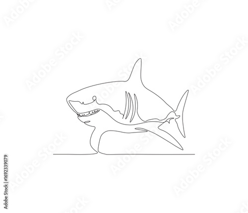 One continuous line drawing of shark. single line of sea creature concept. great white shark fish illustration. editable outline