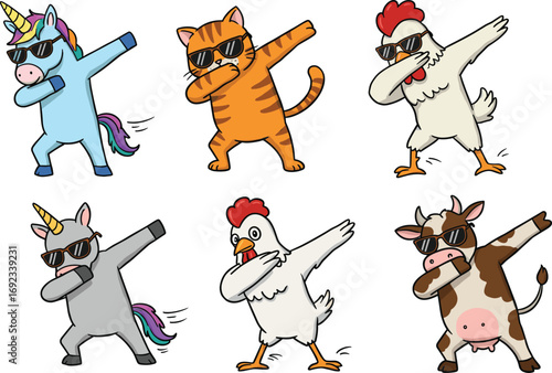 Funny cartoon animals dabbing, unicorn, cat, rooster, chicken, cow characters, cute vector art, dance pose, wearing sunglasses, isolated, children's design, humor