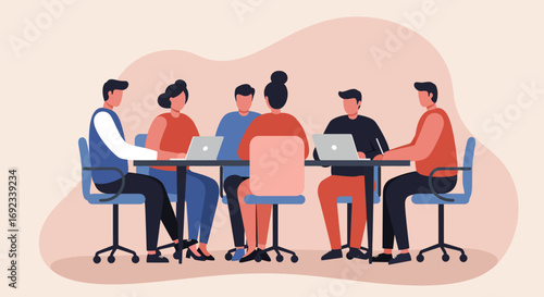 Diverse business team collaborating in an office meeting, utilizing laptops for productive discussions. Represents teamwork, strategy, and corporate success.