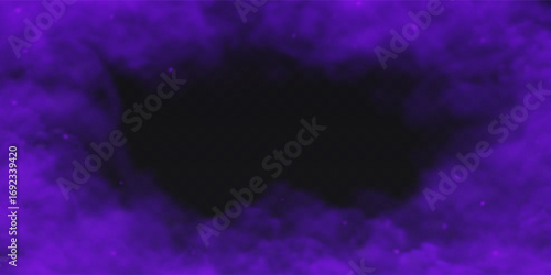 Mystical Purple Fog border effect on transparent dark background. Vector smoke cloud.
