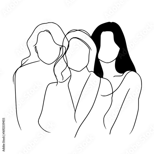 Vector art of three women embracing in minimalist line style, representing friendship, solidarity, and diversity inclusion