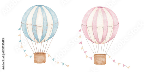Photography Hot air balloon with flags in blue and pink colors