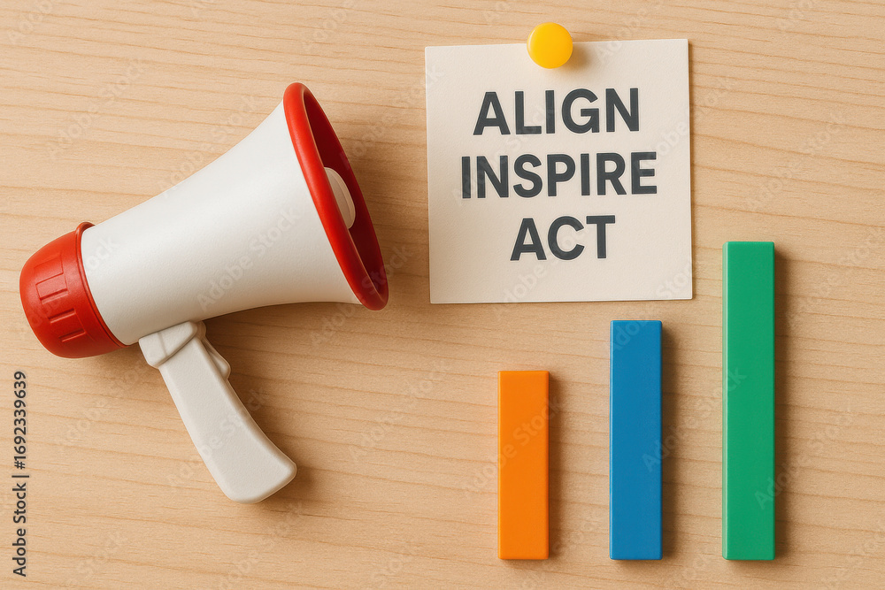Fototapeta premium Align inspire act message with megaphone and bar chart on wooden table