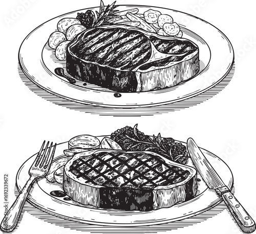 Vintage set of Ribeye steak placed on plate with cutlery, garnish and sauce