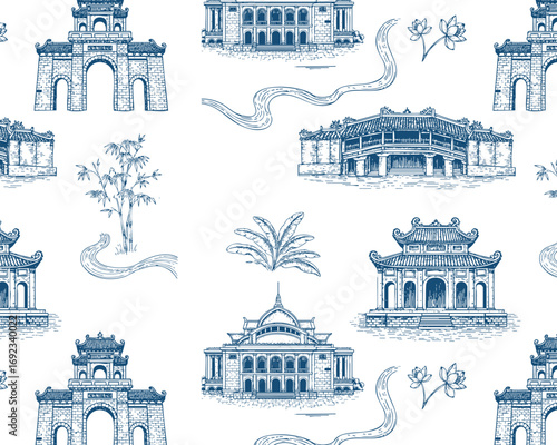Seamless Vintage Vietnamese wall paper with Bridge Pagoda, Temple of Literacy, Hue Imperial City, Ha Noi Opera House, in Toile de Jouy style