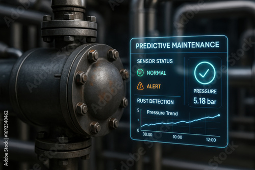Predictive maintenance concept with sensor status and pressure trend on industrial pipe system