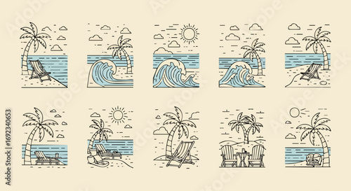 Relaxing beach scenes with palm trees and lounge chairs evoke summer vacations and seaside escapes