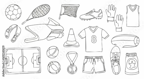 Sports equipment and accessories in line art, perfect for educational materials and design projects