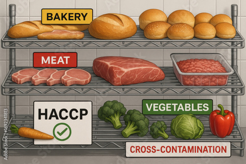 Bakery bread, raw meat, fresh vegetables on shelves with cross contamination warning sign