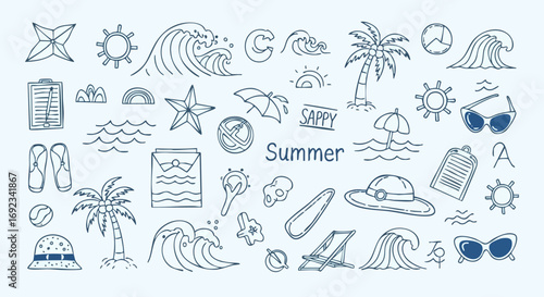 Summer vibes background featuring beach doodles like waves, sunglasses, and palm trees