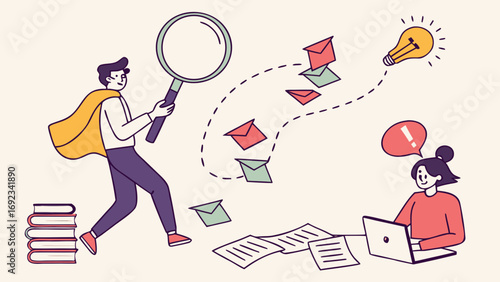Cute cartoon illustration:  Problem-solving teamwork, email management, idea generation; perfect wallpaper for websites and blogs.