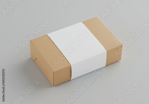 Blank brown cardboard box with a customizable white paper sleeve on a gray background