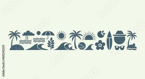 Dreamy beach getaway vibes with palm trees, sunshine, waves and surf for your summer designs
