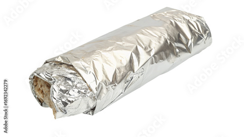 Delicious burrito wrapped in silver foil for tasty and easy meal packaging and freshness assured