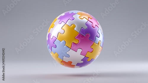 A glowing sphere made of rainbow-colored puzzle pieces, floating above a matte gray surface