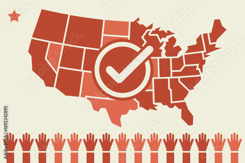 United states map with checkmark and hands representing voting and civic participation shown in red tones