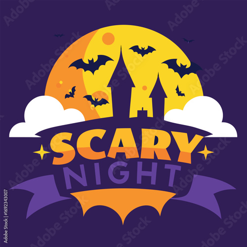 Haunted silhouette of a gothic castle under a giant full moon, with bats flying across the eerie night sky, creating a spooky atmosphere for autumn celebrations