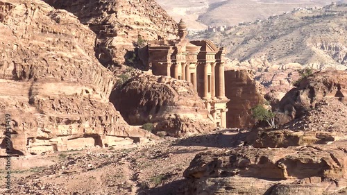 Aerial view of the highest area of Petra, Jordan, with the impressive Monastery carved into the rock.