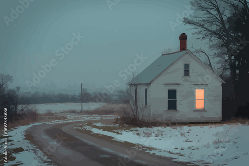 Snow Covered House on a Cold Winter Evening with Warm Light Emanating from the Window Creating a Sense of Cozy Comfort