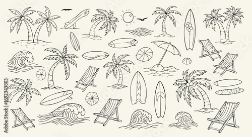 Beach scene illustrations with palm trees, surfboards, waves, umbrellas, and chairs, summer vibes