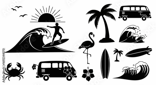 Dreaming of summer vibes with surfer, waves, palm trees, flamingo, van, and crab silhouettes
