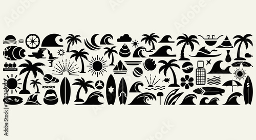 Summer vibes with black and white tropical icons for surf, sun, and beach fun adventures